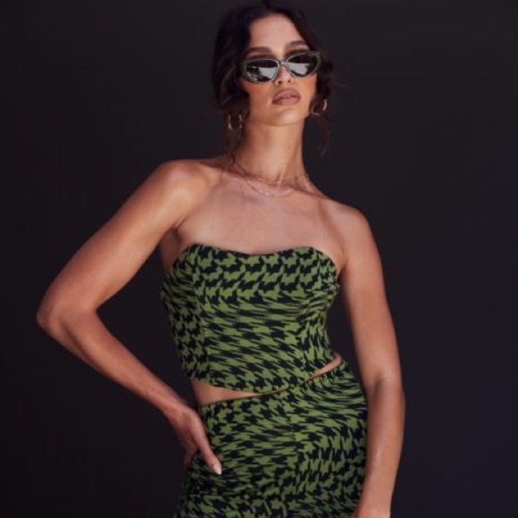 Camila Coelho Size XS Seraphina Corset Top in Green & Black Houndstooth - Picture 1 of 8